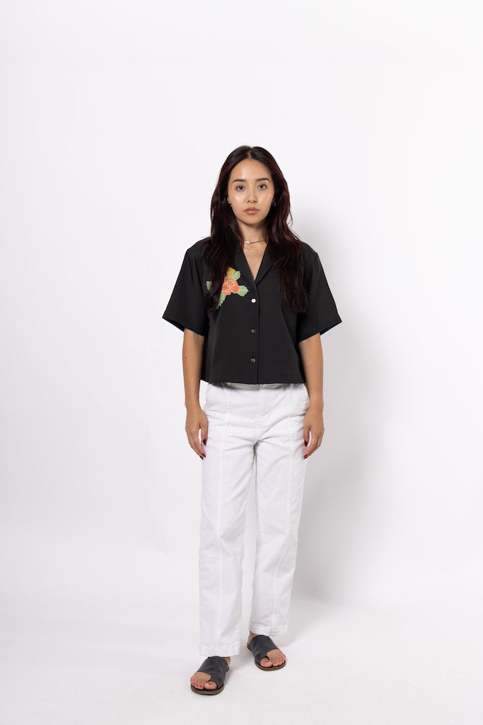 Black Flower Crop Shirt