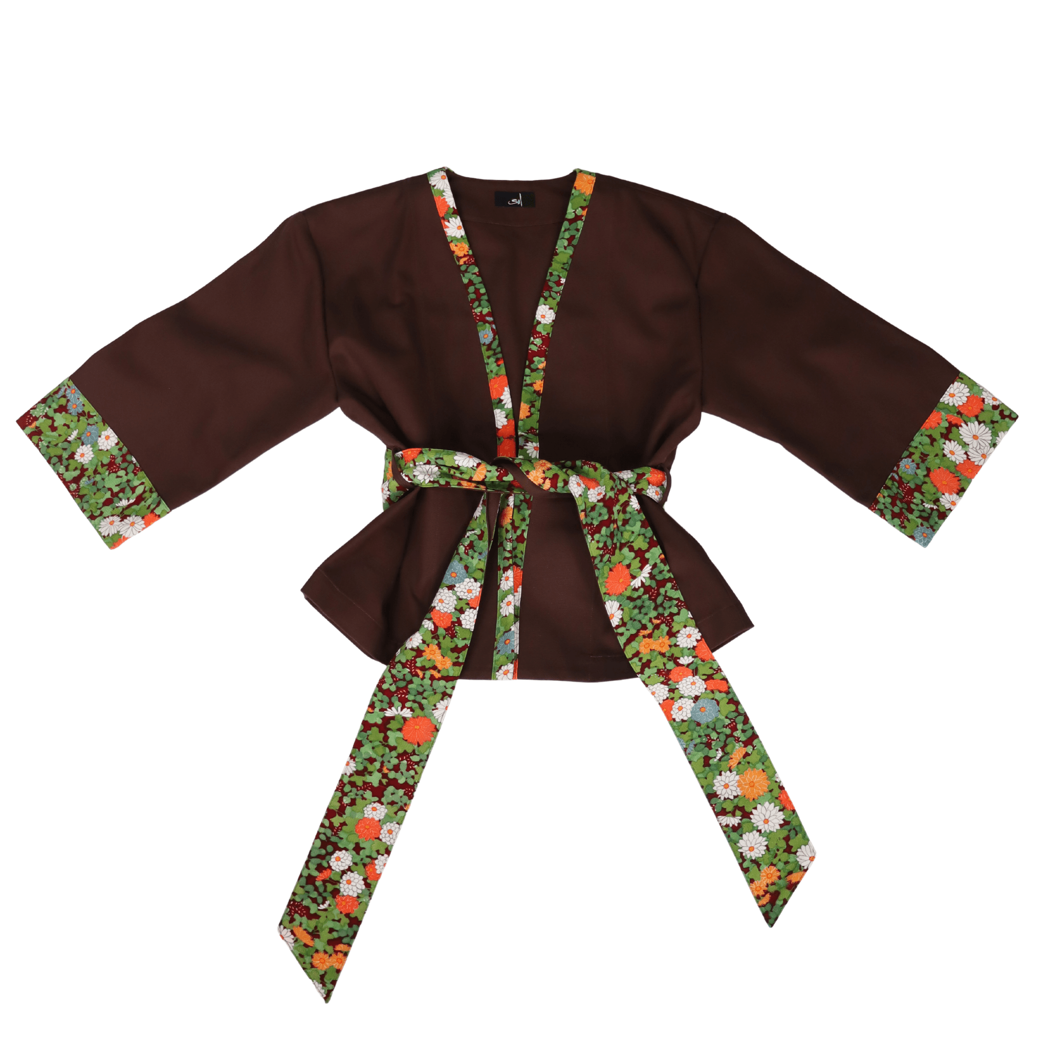 Red Green Flower Kimono Brown Jacket 