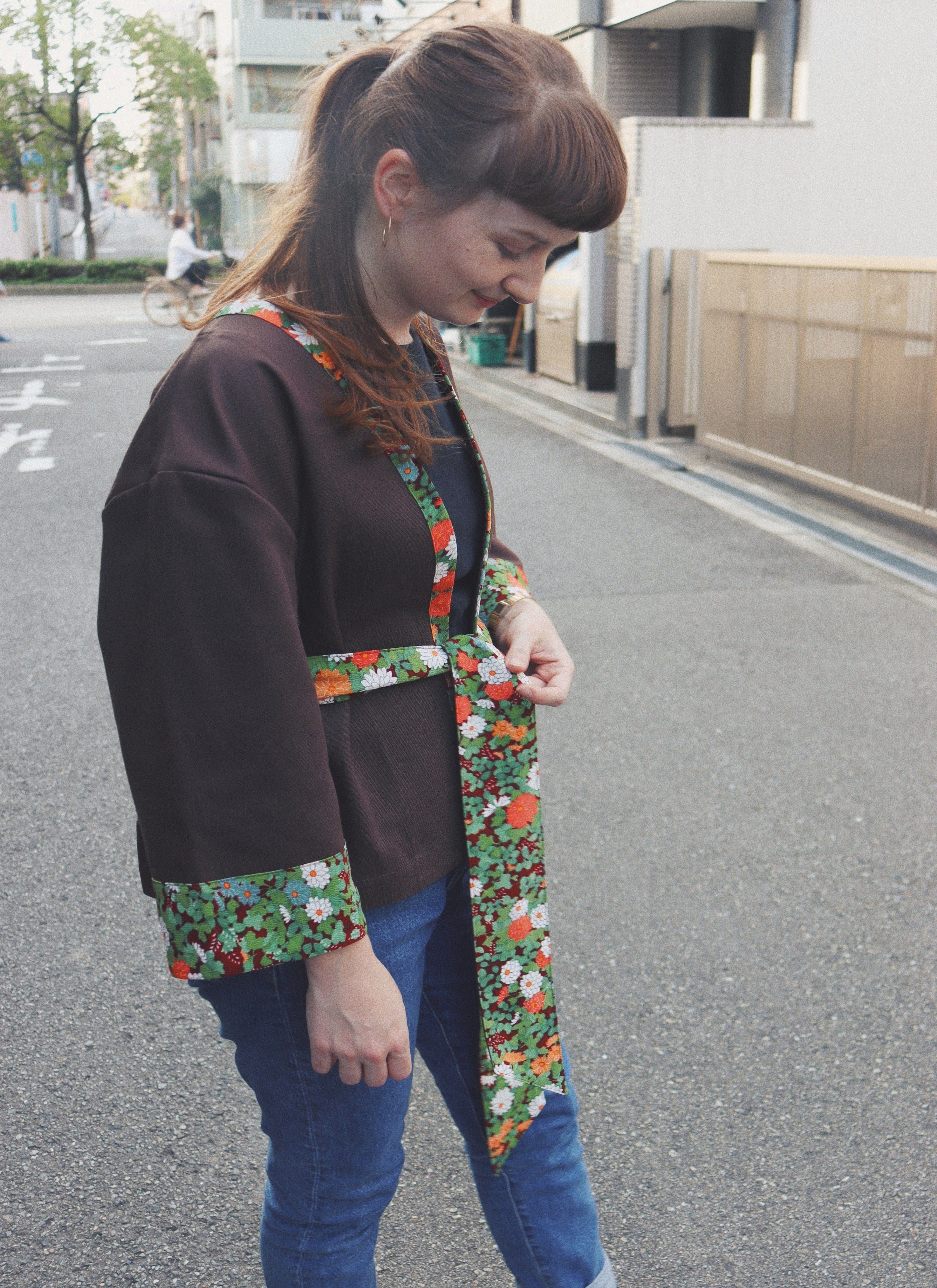 Red Green Flower Kimono Brown Jacket 