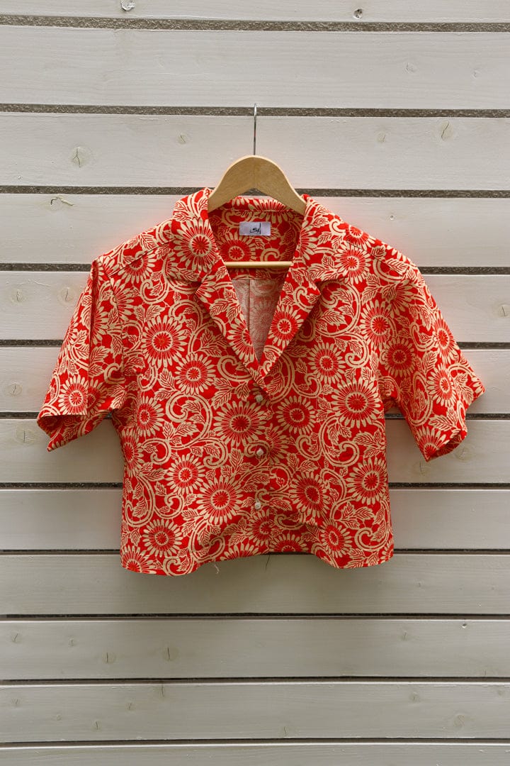 Red Flower-Crop Kimono Hawaiian Shirt