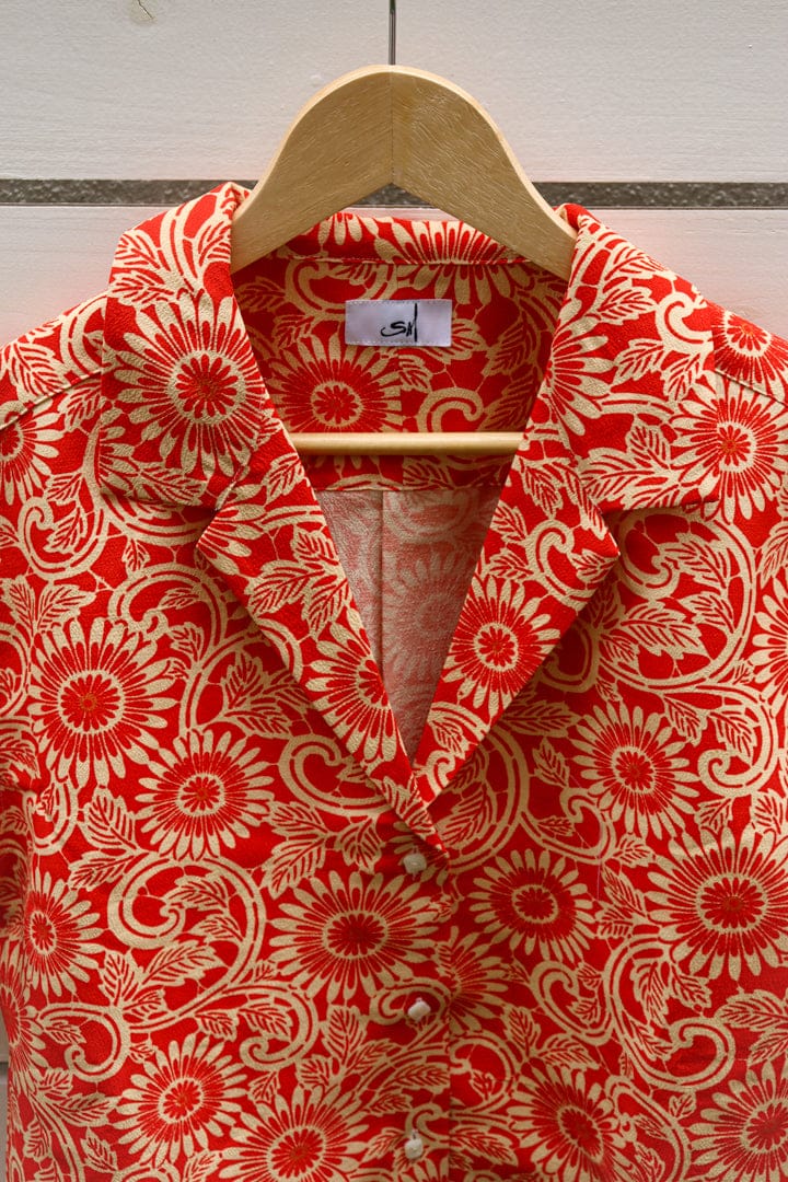 Red Flower-Crop Kimono Hawaiian Shirt