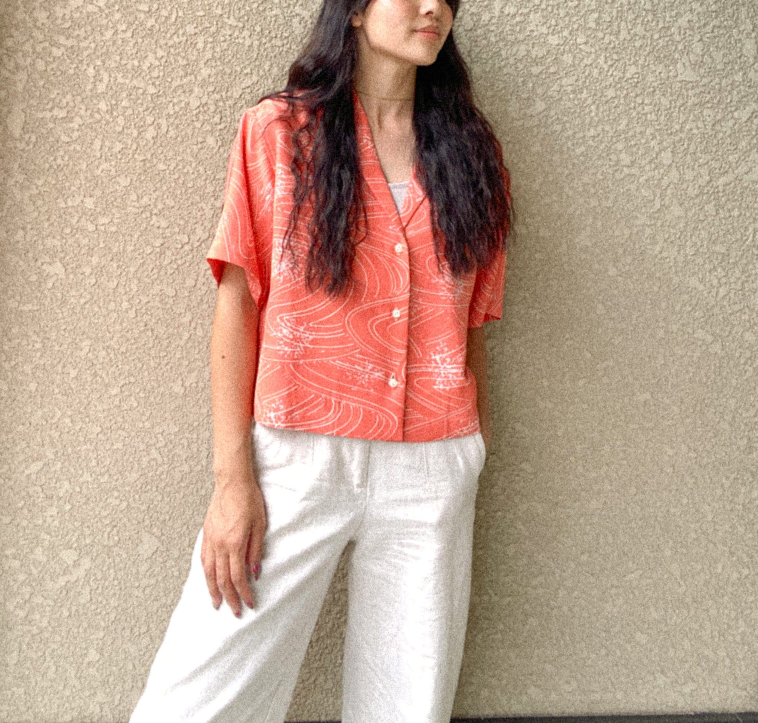 Coral Pink-Crop Kimono Hawaiian Shirt